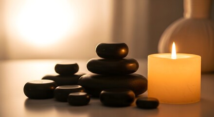 Serene Spa Setting: Smooth Black Stones Stacked with a Glowing Candle, Creating a Relaxing Atmosphere for Wellness and Tranquility.