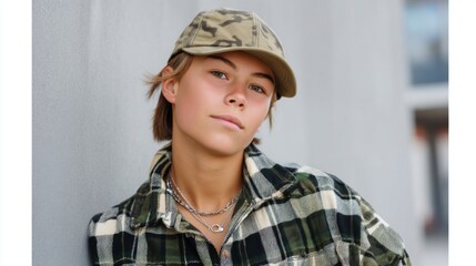 Young fashion model from Generation Z, dressed in trendy clothing and khaki cap, standing in front of a wall. 