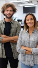 Young entrepreneurs, male and female, smiling in modern workspace, startup atmosphere. 