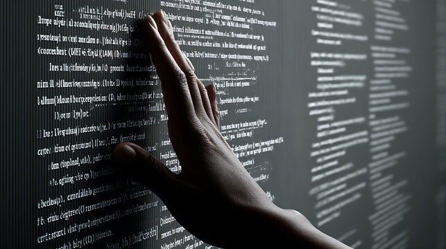 Hand touching a screen displaying lines of programming code in a dark environment