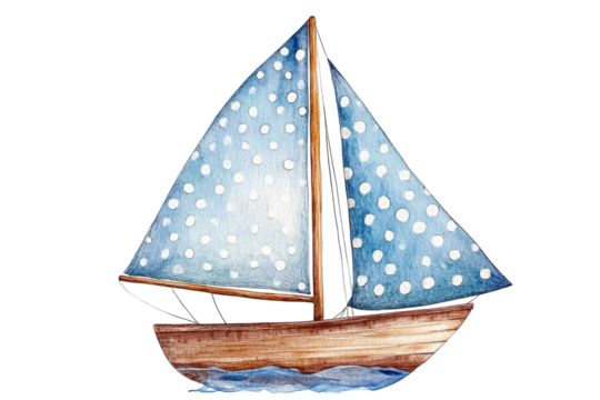 Watercolor sailboat with blue polka dot sails isolated on transparent background. Watercolor sailboat with polka dot sails illustration isolated on white background.
