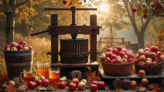 Rustic apple press in autumnal setting. Wooden press, filled baskets of apples, and mugs of cider are displayed outdoors amongst autumn leaves and sunlight
