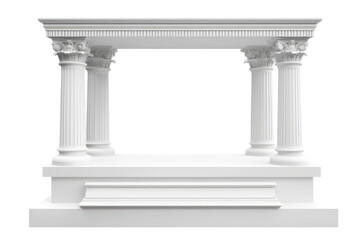 Fototapeta premium Elegant white marble classical temple structure isolated on transparent background. White podium isolated on white background.