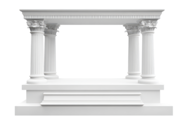 Elegant white marble classical temple structure isolated on transparent background. White podium isolated on white background.