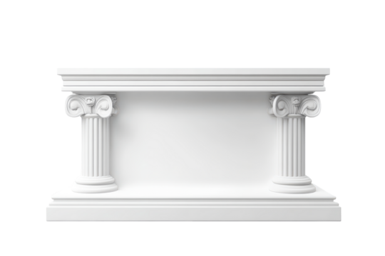 White classical pedestal with ionic columns isolated on transparent background.