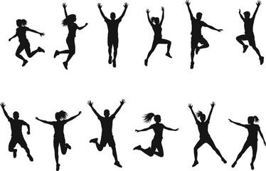 Silhouette of active people jumping with joy, celebrating happiness, fitness, freedom, exercise, lifestyle, teamwork, movement, energy, healthy life, black vector illustration