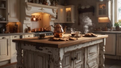 Rustic kitchen island, copper kettle, steam, cookies