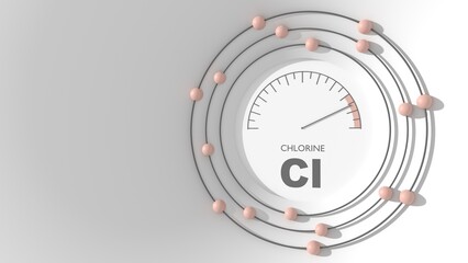 Chlorine level abstract scale. Nuclear science concept. Atom structure with electron orbits and electrons. 3D render.
