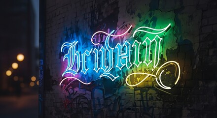 Vibrant neon sign with gothic lettering spelling out a word in bright colors.