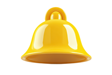 Bright yellow bell isolated on transparent background. Yellow bell icon with a smooth glossy finish isolated on white background, 3d rendering.