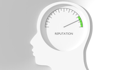 Abstract reputation indicator with level scale and arrow inside human head. Personal growth and business ranking. 3D render