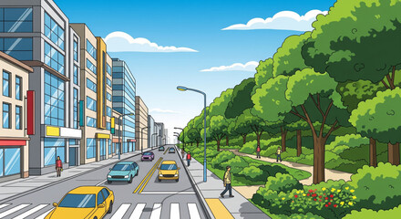 A sunny street scene depicting buildings, cars, trees, and pedestrians.