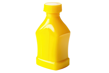 Yellow plastic pump bottle isolated on transparent background. Yellow squeeze bottle with cap isolated on white background.