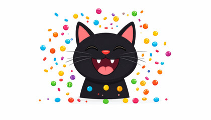 Happy black cat with confetti celebrating a fun party or event with joy and laughter