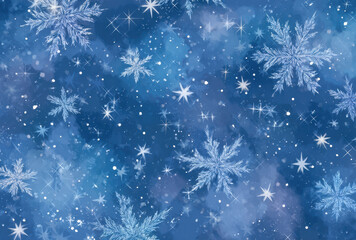 Beautiful winter themed background featuring intricate snowflakes and twinkling stars against deep blue sky, evoking sense of wonder and tranquility