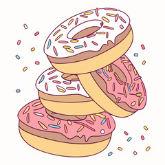 A delightful stack of three colorful frosted donuts with sprinkles falling around them perfect for sweet treat and dessert illustrations