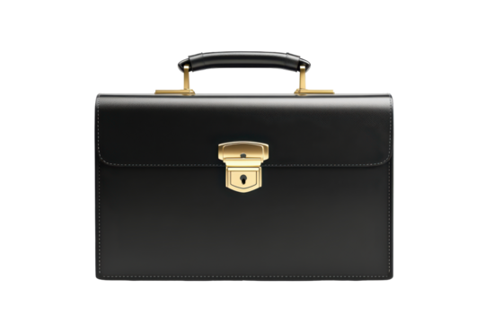 Classic black leather briefcase with gold clasp isolated on transparent background. Black briefcase with gold clasps and a sleek handle isolated on white background, 3d rendering.