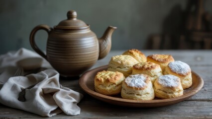 Rustic tea biscuits and a teapot on a wooden table