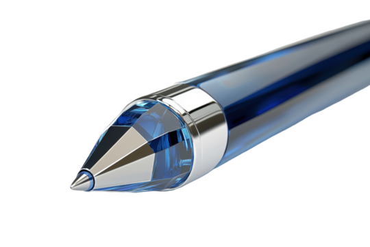 Elegant blue ballpoint pen with silver accents isolated on transparent background. Blue ballpoint pen with a shiny silver clip isolated on white background, 3d rendering.