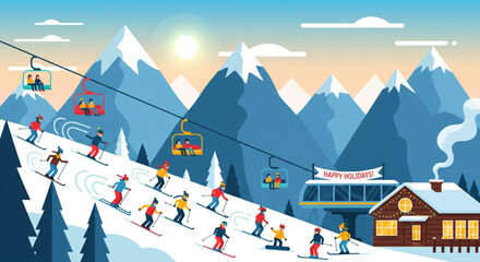 A vibrant illustration of skiers enjoying a winter holiday on a snowy mountain slope, with a ski lift.