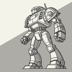 A powerful imposing stylized robot warrior stands ready for battle in a dramatic low angle perspective against a simple two tone background