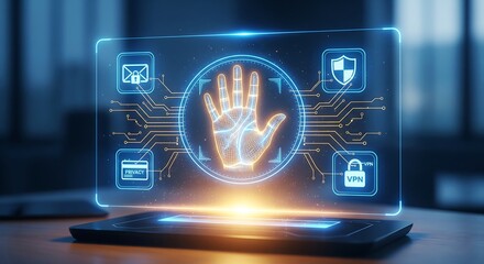 Cutting-edge cybersecurity concept with hand scan authentication for secure data protection and privacy in a modern digital world, ensuring safe transactions