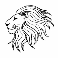 A striking black and white line art illustration of a majestic lion s head in profile showcasing its flowing mane and regal features © Stock