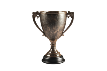 Golden trophy cup with hammered texture isolated on transparent background. Bronze trophy cup featuring a textured surface isolated on white background, 3d rendering.