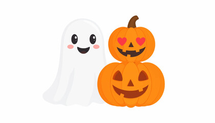 Whimsical Halloween illustration featuring a sweet ghost character alongside charming stacked jack-o'-lanterns with heart-shaped eyes and a friendly smile