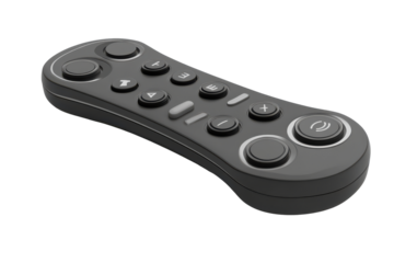 Modern black remote control with many buttons isolated on transparent background. Remote control featuring multiple buttons isolated on white background, 3d rendering.