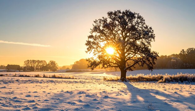 Winter sunrise over snow-covered fields - Powered by Adobe