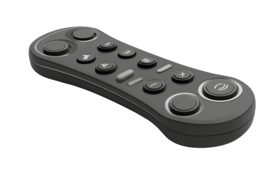 Modern black remote control with many buttons isolated on transparent background. Remote control featuring multiple buttons isolated on white background, 3d rendering.