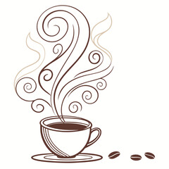 A stylized illustration of a steaming cup of coffee with decorative swirls and three coffee beans on a white background