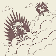 A whimsical cartoon illustration depicts a devilish bull character seated regally on a throne amidst fluffy clouds with a mythical creature soaring above