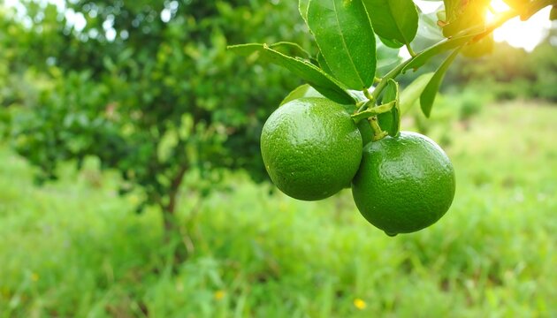 Lush green limes on a branch, sunlight