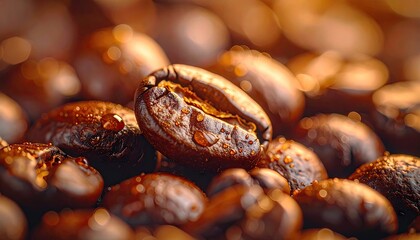 Obraz premium Macro Shot of Dark Roasted Coffee Beans with Golden Light Highlights