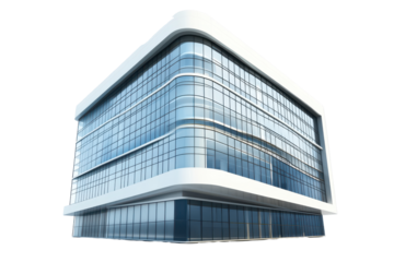 Modern glass office building architecture isolated on transparent background. Modern high rise office building with clean architectural lines and large windows isolated on white background.