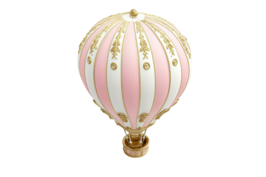 Elegant pink and white striped hot air balloon ornament isolated on transparent background. Pink and white hot air balloon with gold detailing isolated on white background.