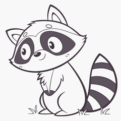 Cute cartoon raccoon sitting on grass with big eyes and striped tail simple line art illustration for children