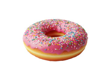 Delicious pink frosted donut with colorful sprinkles isolated on transparent background. Pink donut with colorful sprinkles isolated on white background.