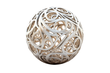 Ornate metallic with intricate filigree design isolated on transparent background. Sphere featuring an intricate openwork design with organic patterns isolated on white background.