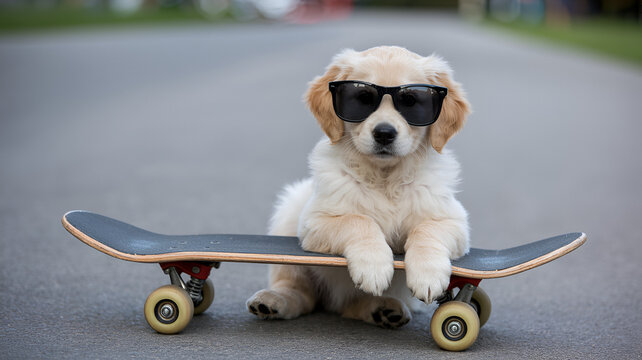 adorable small puppy dog riding skateboard outdoors on road playful funny pet lifestyle animal training concept active young dog portrait with skateboard urban cute vibe