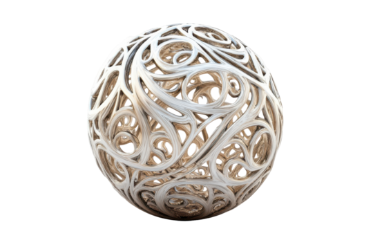 Ornate metallic with intricate filigree design isolated on transparent background. Sphere featuring an intricate openwork design with organic patterns isolated on white background.