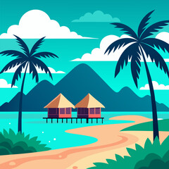 Palm trees overwater bungalows crystal clear turquoise water vibrant sky fluffy clouds lush greenery sandy beach vector landscape background.