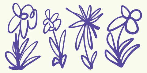 Fototapeta premium Italian style Abstract Flower Outlines hand drawn vector illustrations in grunge chalk or charcoal rough doodle sketch style.