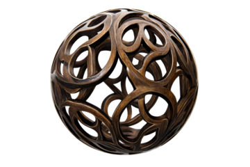 Ornate metallic with intricate filigree design isolated on transparent background. Sphere featuring an intricate openwork design with organic patterns isolated on white background.