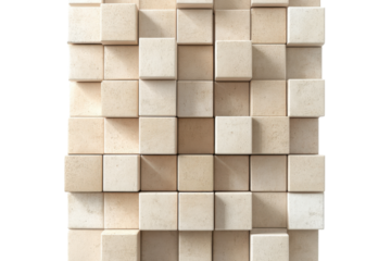 Abstract geometric pattern of light wood cubes isolated on transparent background. Stacked beige brick cubes arranged in a vertical pattern featuring smooth textures isolated on white background.