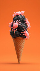 Ice cream cone with black scoop and spider candy. Halloween treats for party theme