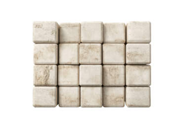 Abstract geometric pattern of light wood cubes isolated on transparent background. Stacked beige brick cubes arranged in a vertical pattern featuring smooth textures isolated on white background.