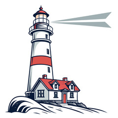 Iconic red and white striped lighthouse standing tall on rocky shore with light beams shining outward over the ocean waves